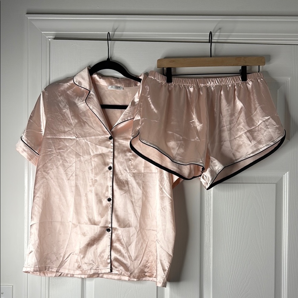 Silky Pink Pajama Set with Black Trim
